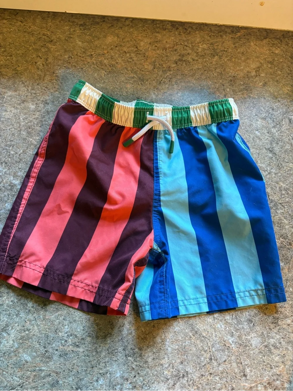 Mini Boden Striped Colorblock Swim Shorts in Pink, Burgundy & Blue